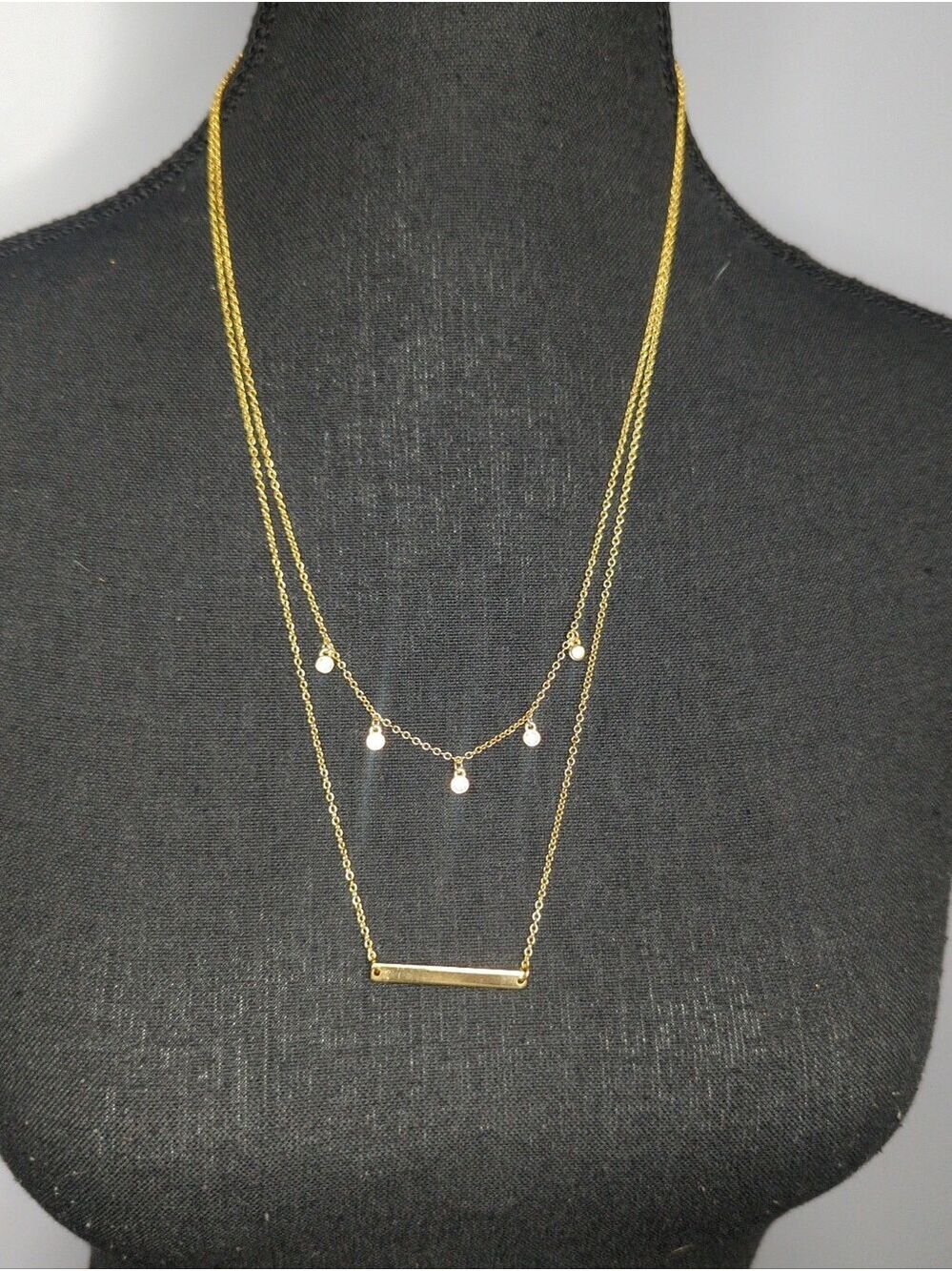 Gold Tone Double Strand Layered Necklace Rhinestone Pendant Minimalist